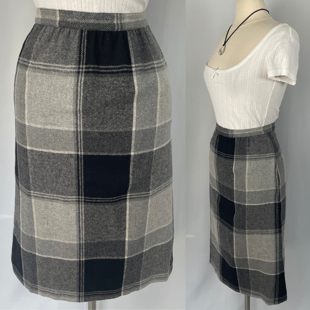 Vtg Pencil Skirt Size 8 Black Gray Plaid Check Midi Office Academia Preppy 90s - Picture 14 of 14